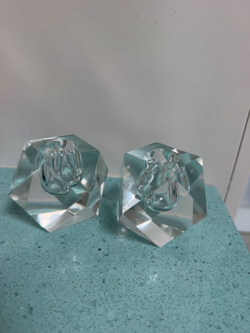 Vintage Set of Two Faceted Glass Crystal Candle Holders Orchid Bud Vase MCM